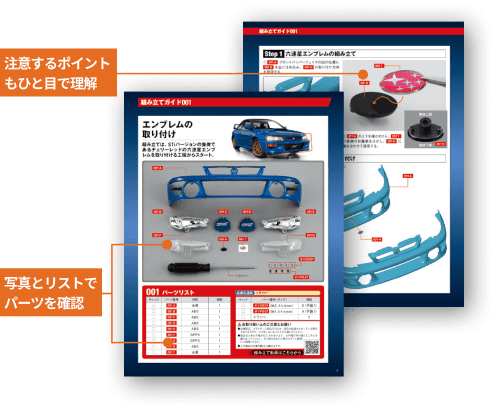 組み立てガイドの誌面。注意するポイントもひと目で理解、写真とリストでパーツを確認