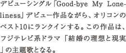 デビューシングル「Good-bye My Loneliness」デビュー作品ながら、オリコンのベスト10にランクインする。この