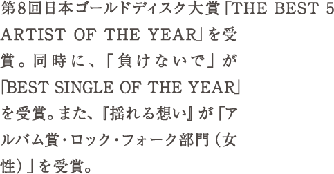 第8回日本ゴールドディスク大賞「THE BEST 5 ARTIST OF THE YEAR」を受賞。 同時に、「負けないで」が