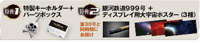 特典1 特製キーホルダー ＋ パーツボックス 特典2 銀河鉄道999号 ＋ ディスプレイ用大宇宙ポスター（3種） 第30号と同時期にお届け