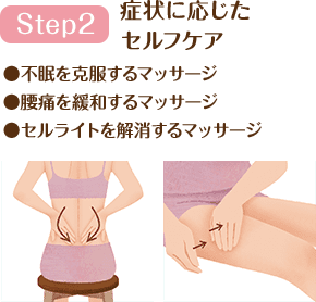 Step2 症状に応じたセルフケア●不眠を克服するマッサージ●腰痛を緩和するマッサージ●セルライトを解消するマッサージ