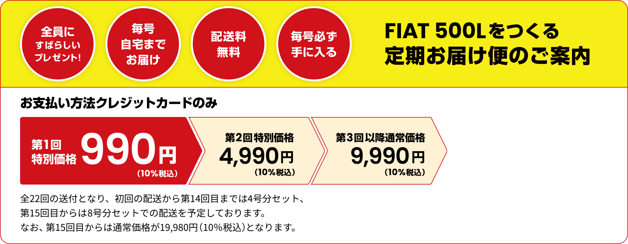 全員にすばらしいプレゼント! 毎号自宅まで お届け 配送料無料 毎号必ず手に入る FIAT 500Lをつくる定期お届け便のご案内 お支払い方法クレジットカードのみ 第1回特別価格 990円 (10%税込) 第2回特別価格 4,990円(10%税込) 第3回以降通常価格 9,990円(10%税込) 全22回の送付となり、初回の配送から第14回目までは4号分セット、 第15回目からは8号分セットでの配送を予定しております。 なお、第15回目からは通常価格が19,980円(10%税込)となります。