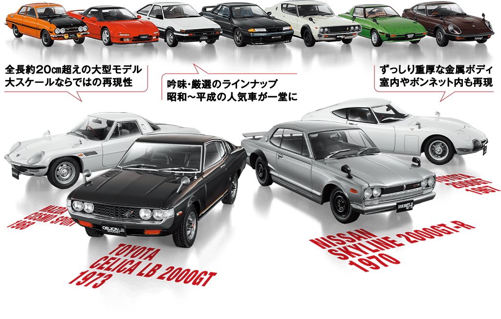 全長約20㎝超えの大型モデル 大スケールならではの再現性 吟味・厳選のラインナップ 昭和～平成の人気車が一堂に ずっしり重厚な金属ボディ 室内やボンネット内も再現