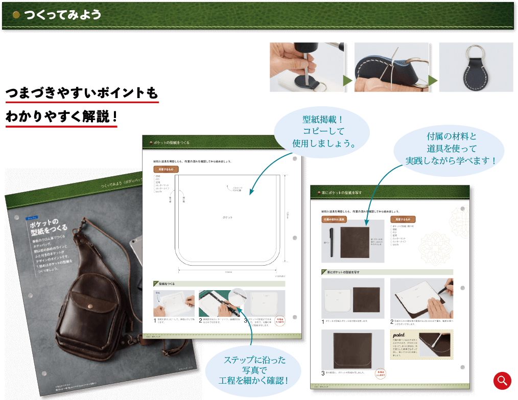 つくってみよう　つまずきやすいポイントもわかりやすく解説！　型紙掲載！コピーして使用しましょう。　付属の材料と道具を使って実践しながら学べます！　ステップに沿った写真で工程を細かく確認！