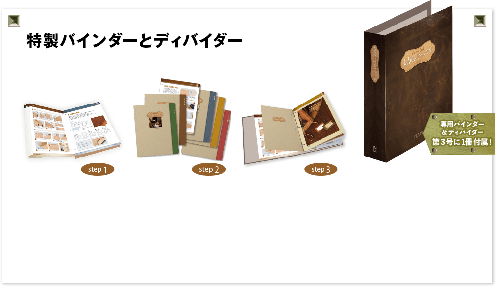 特製バインダーとディバイダー。step 1、step 2、step 3。専用バインダー＆ディバイダー第3号に1冊付属！