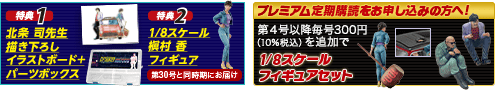特典1 北条 司先生描き下ろしイラストボード+パーツボックス 特典2 1/8スケール 槇村 香フィギュア 第30号と同時期にお届け プレミアム定期購読をお申し込みの方へ！ 第4号以降毎号300円（10%税込）を追加で 1/8スケールフィギュアセット