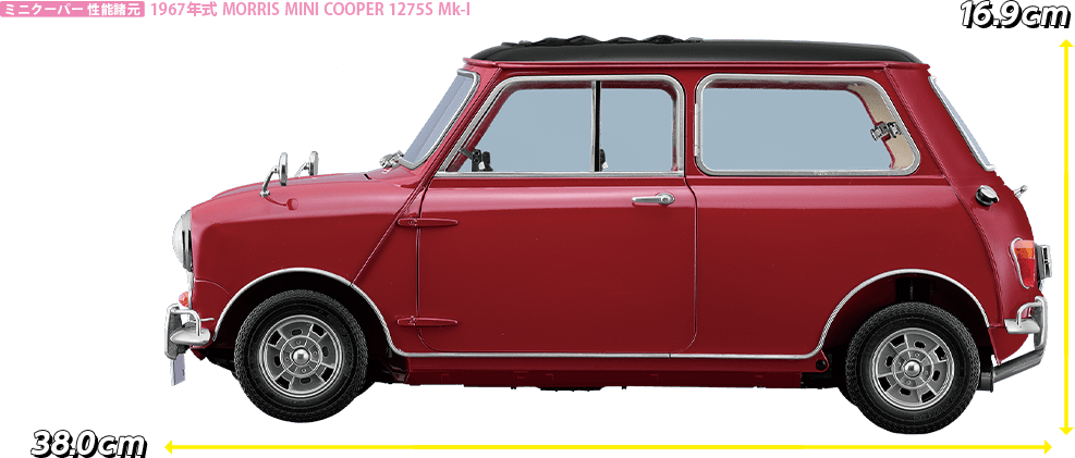 ミニクーパー 性能諸元 1967年式 MORRIS MINI COOPER 1275S Mk-I 全長:3,050mm 全幅:1,410mm 全高:1,350mm ホイールベース:2,030mm 重量:635kg 乗車定員:4名 排気量:1,275cc 馬力:75馬力 最高時速:155km/h 最高出力:76ps/5,800rpm 懸架装置:前:ダブル・ウィッシュボーン式懸架 後:トレーリングアーム