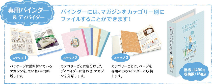 専用バインダー＆ディバイダー バインダーには、マガジンをカテゴリー別にファイルすることができます！ ステップ1 パッケージに貼り付いているマガジンを、ていねいに切り離します。 ステップ2 カテゴリーごとに色分けしたディバイダーに合わせ、マガジンを分類します。 ステップ3 カテゴリーごとに、ページを専用の3穴バインダーに収納します。価格：1,499円 収納数：15冊分