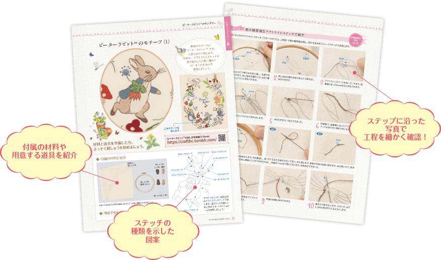 付属の材料や用意する道具を紹介 ステッチの種類を示した図案 ステップに沿った写真で工程を細かく確認！