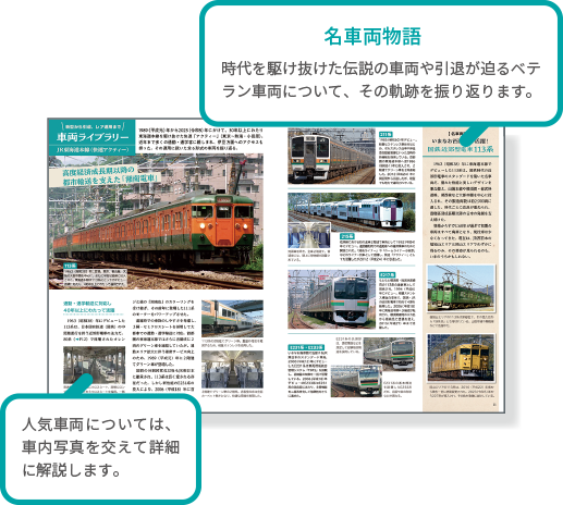 名車両物語 時代を駆け抜けた伝説の車両や引退が迫るベテラン車両について、その軌跡を振り返ります。 人気車両については、車内写真を交えて詳細に解説します。