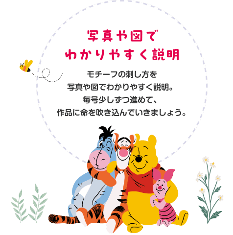 写真や図でわかりやすく説明 モチーフの刺し方を写真や図でわかりやすく説明。毎号少しずつ進めて、作品に命を吹き込んでいきましょう。